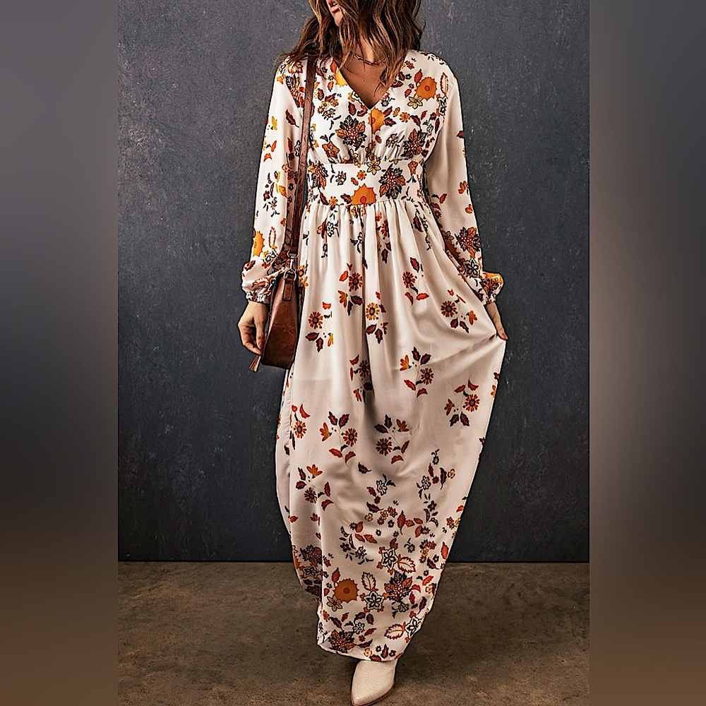 NEW Floral V-Neck Long Sleeve Maxi Dress, Size XL
